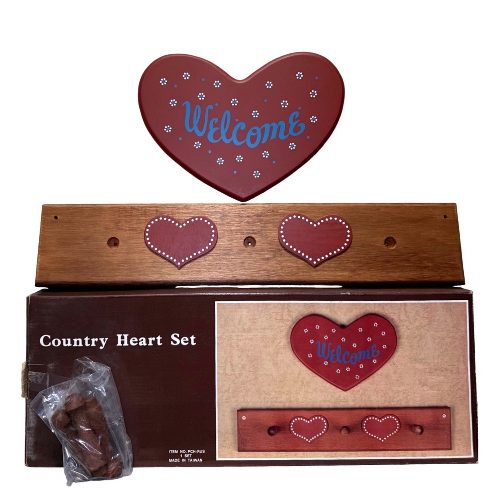 Vintage Country Heart Wooden Wall Hanging Rack Welcome Sign NOS Cottagecore Prim
